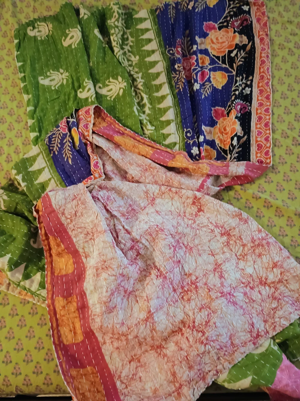Handcrafted Multicolor Reversible Kantha Quilt – Pink, Green & Blue